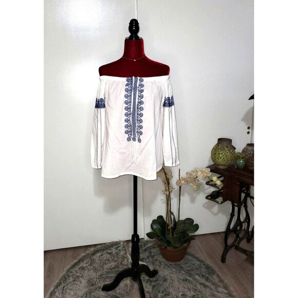 Madewell Folktale Off Shoulder 100 % Cotton Embroidered Casual Blouse Size S 966 - Picture 2 of 9